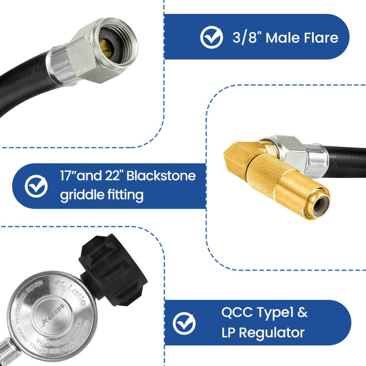 Propane adapter hose with regulator and brass 3/8 male flare fitting, black hose