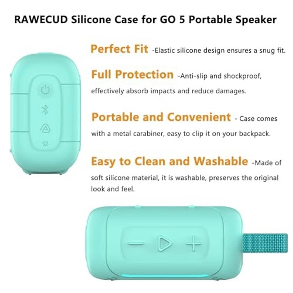 Teal silicone speaker cover case for portable speaker, with carabiner and button cutouts