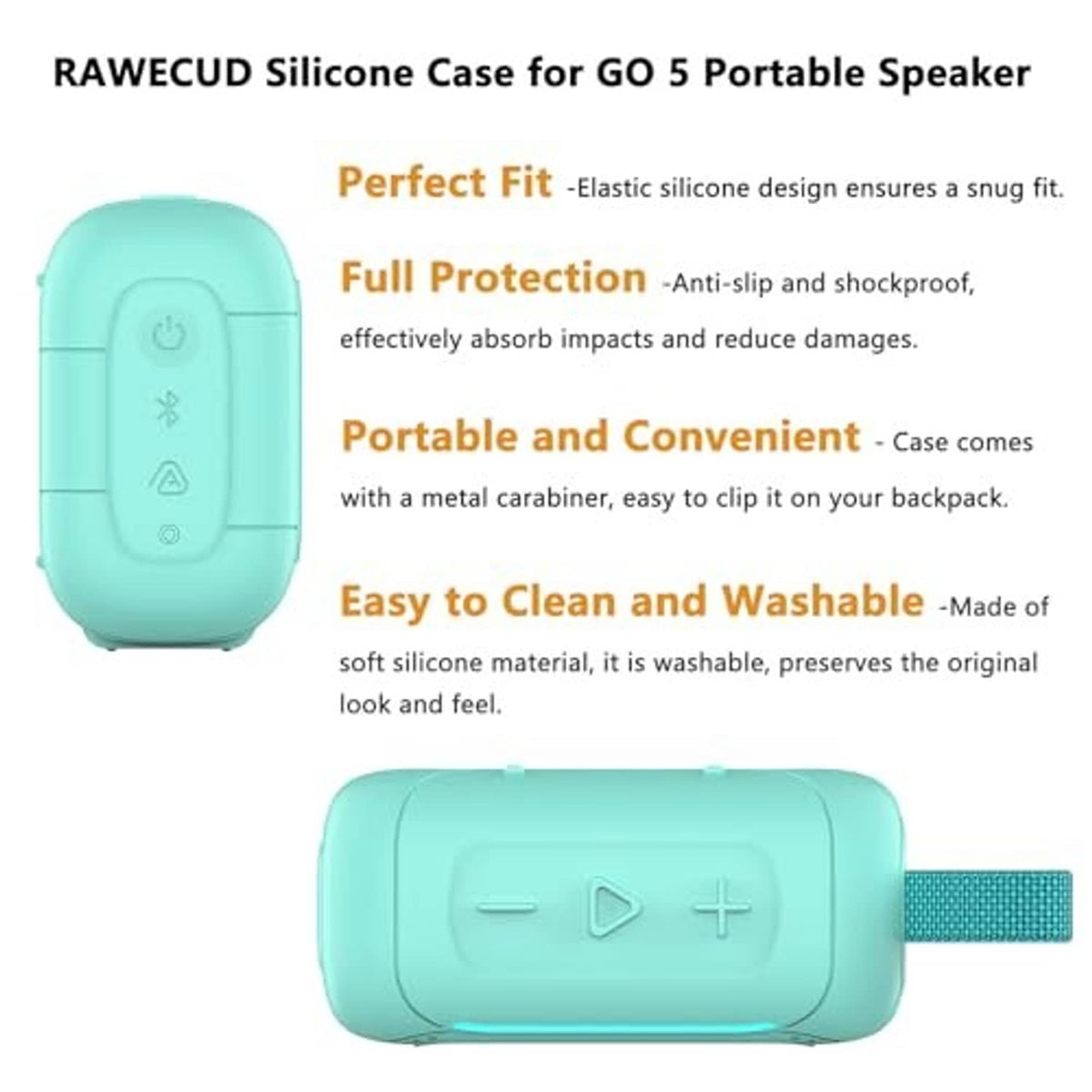 Teal silicone speaker cover case for portable speaker, with carabiner and button cutouts