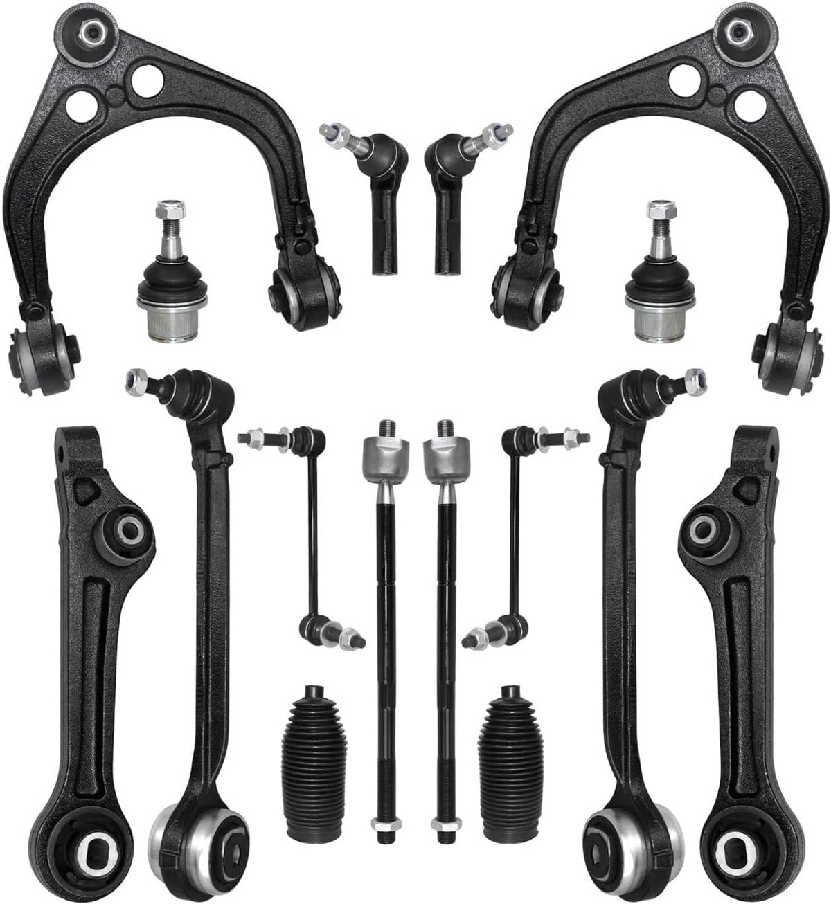 Suspension front control arm kit with control arms, ball joints, rods, link bars
