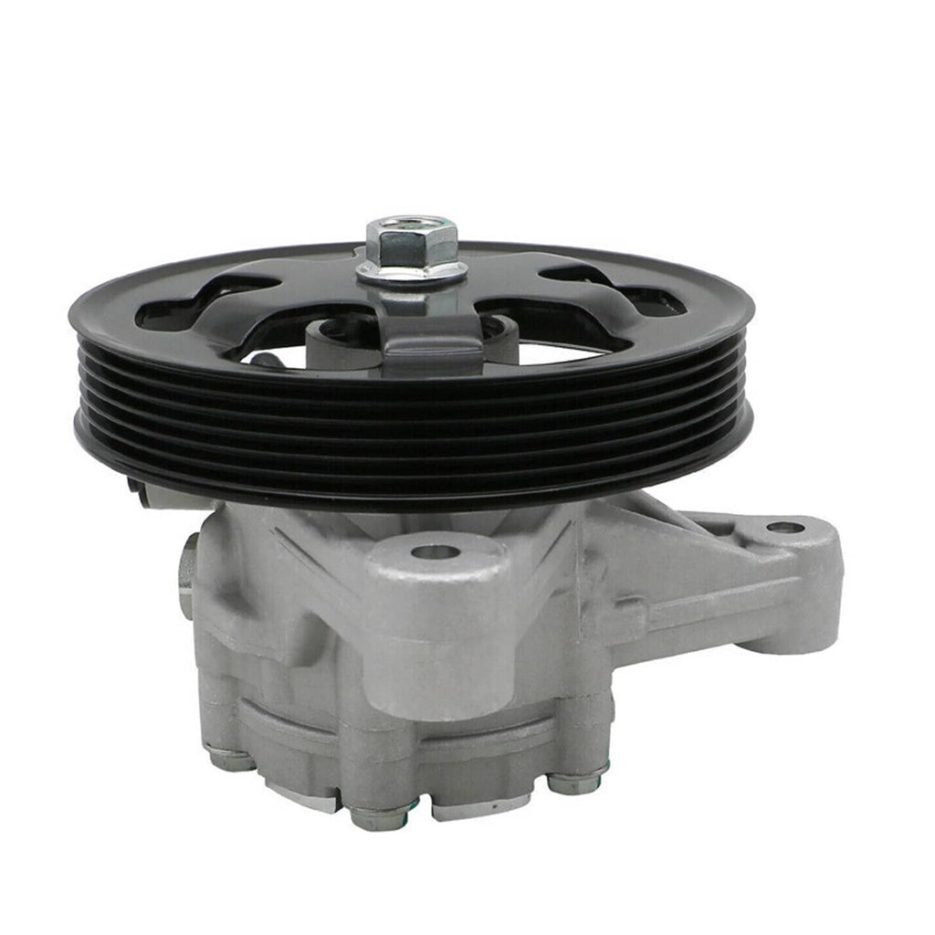 Power steering pump with black pulley and gray housing, top center mounting bolt