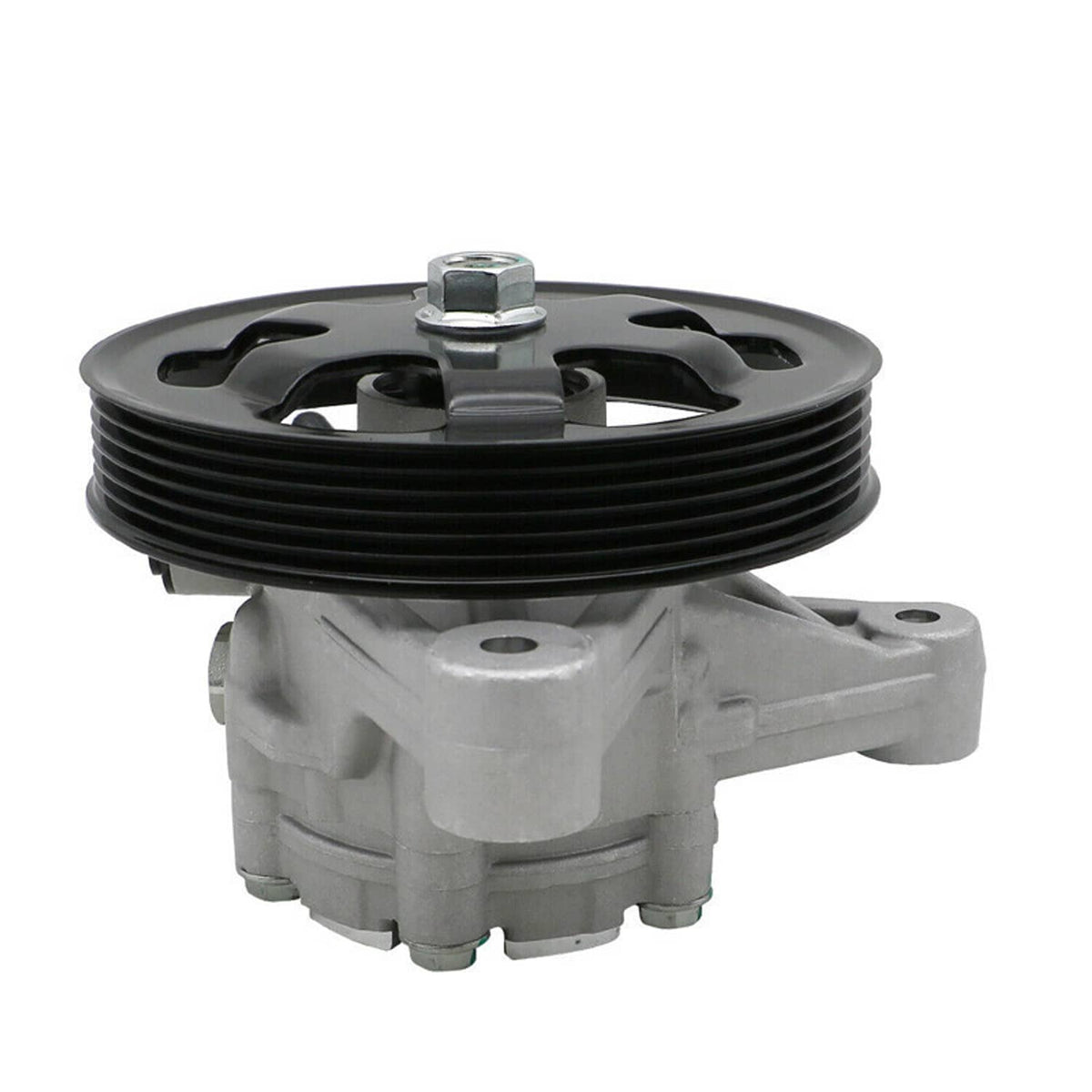 Power steering pump with black pulley and gray housing, top center mounting bolt