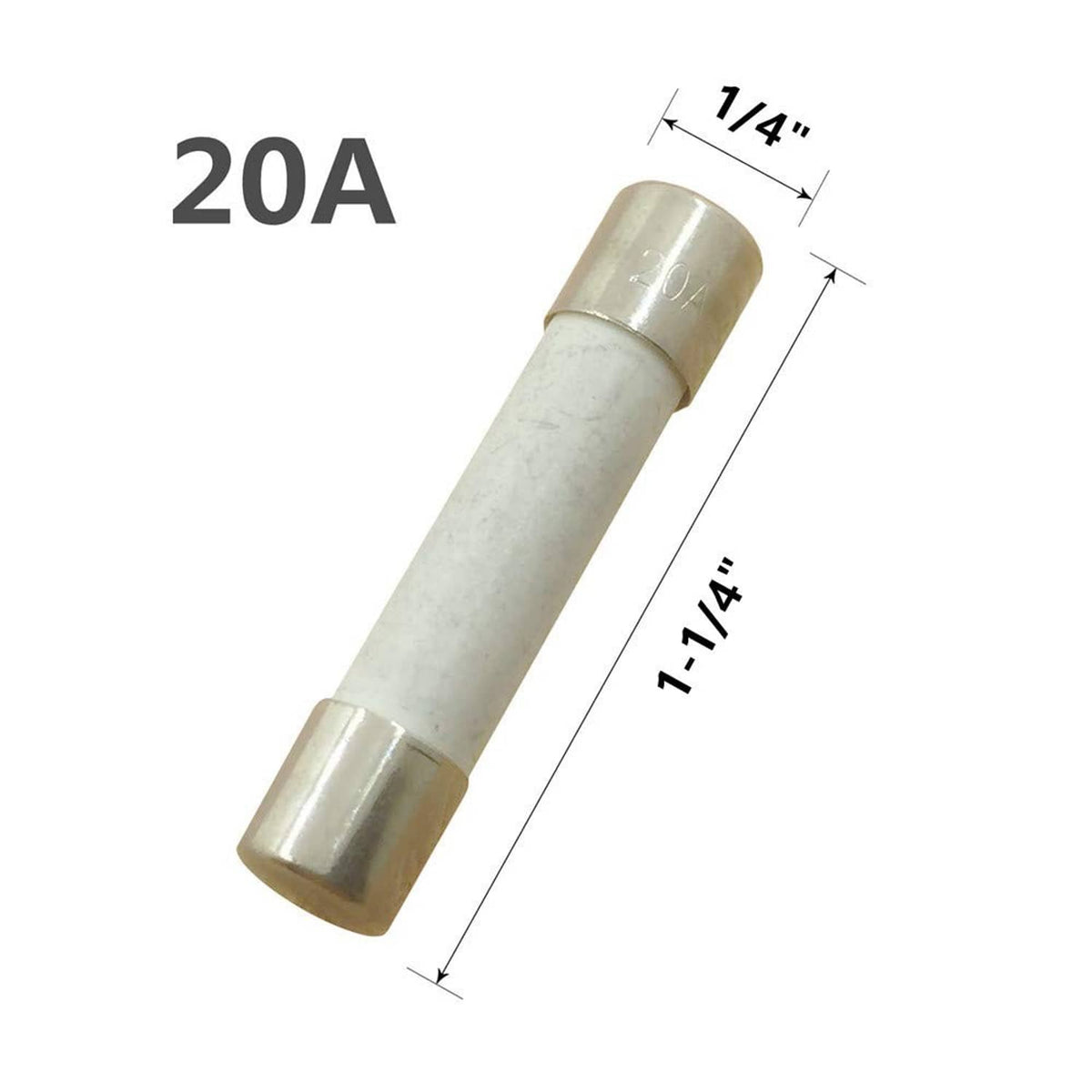20A ceramic time-delay fuse, 1-1/4 in x 1-1/4 in, off-white ceramic body, silver caps
