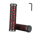 Red and black textured lock-on bike handlebar grips with end caps, double lock
