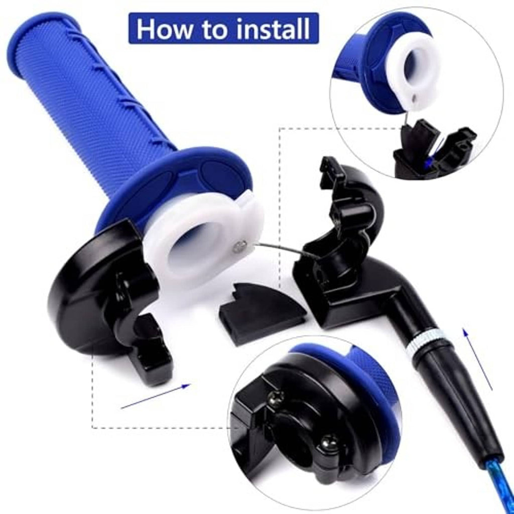 Blue throttle grips with ON/OFF switch and wiring, installation step detail