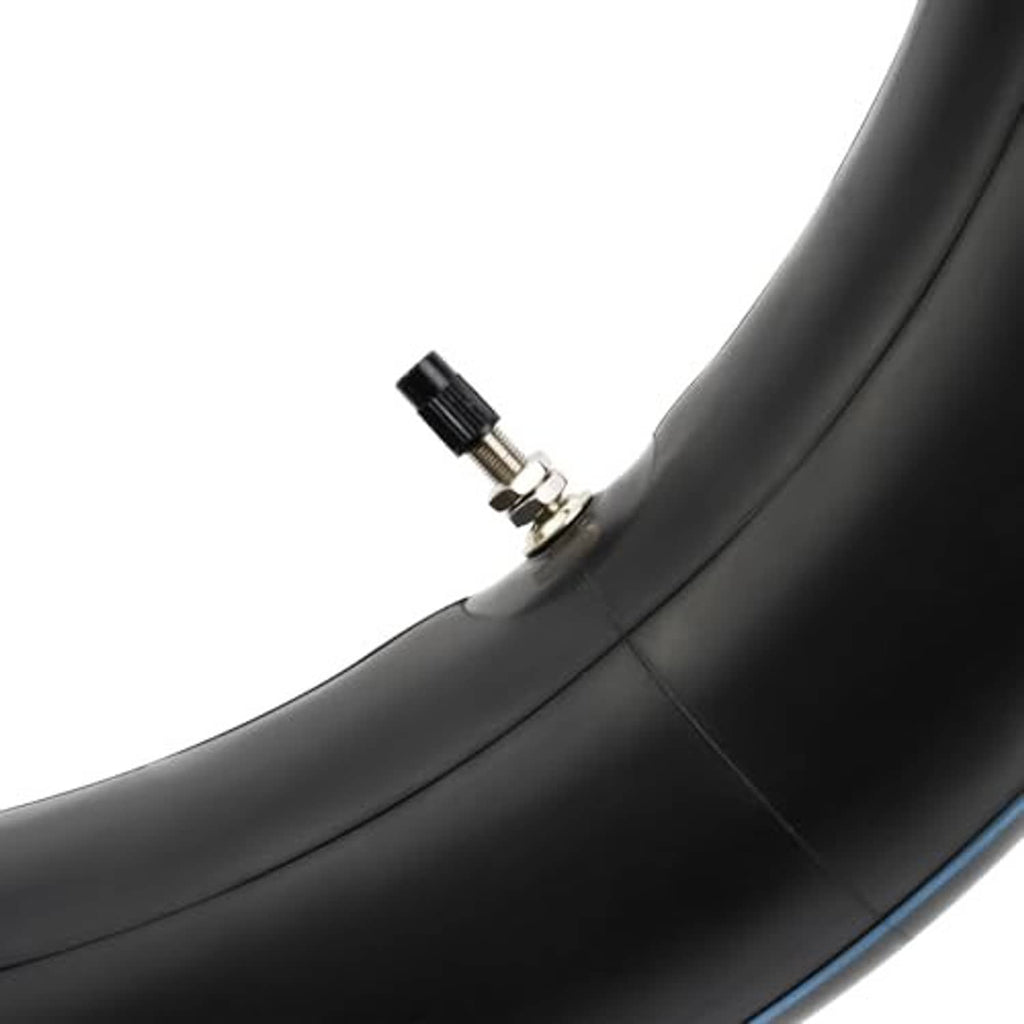 Black motorcycle inner tube with straight valve stem, curved perspective