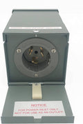 Rainproof power inlet box with circular socket and hinged cover, gray enclosure