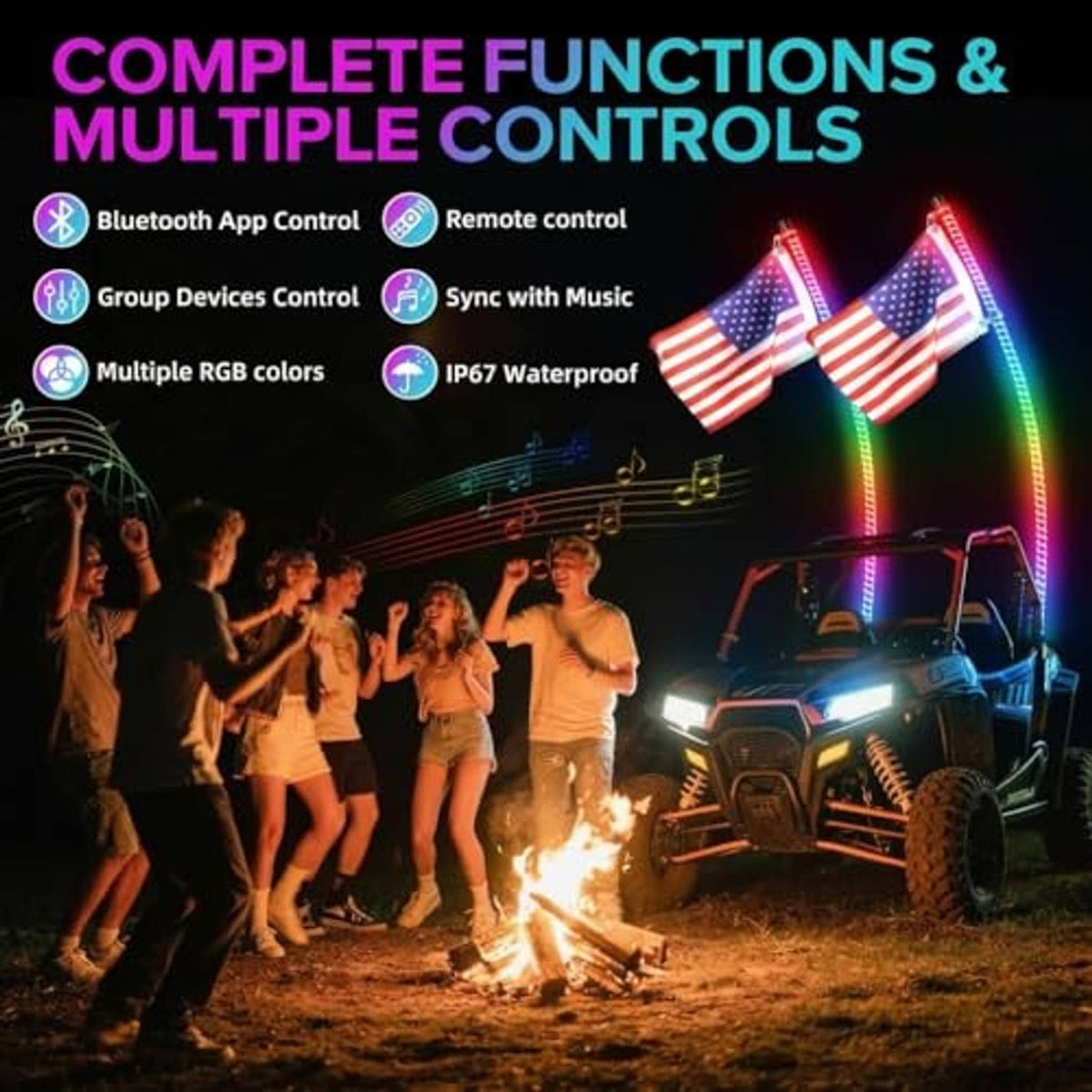 RGB LED whip lights with Bluetooth app control and remote, multi-control lighting