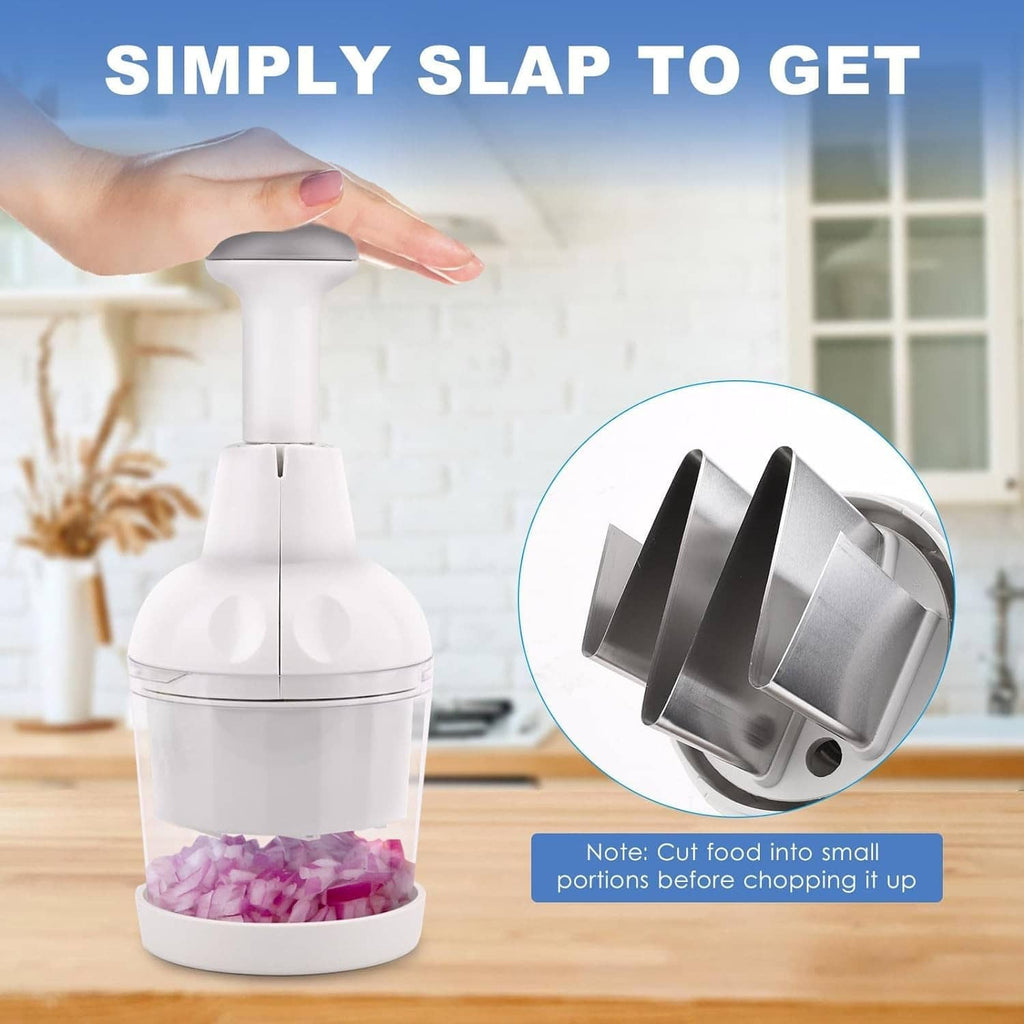 White food chopper with metal blades inside clear container