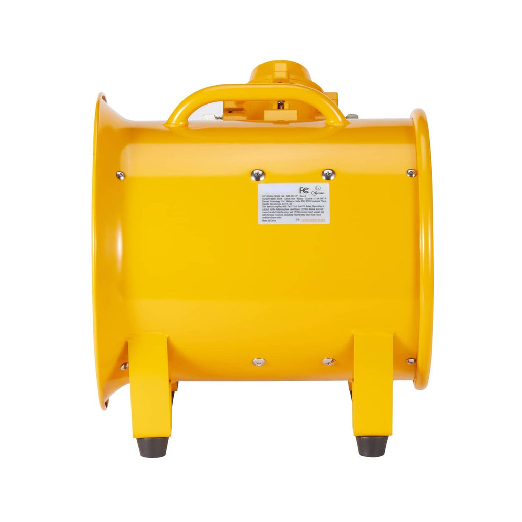 Yellow portable extractor fan blower back view with rear label plate and mounting feet
