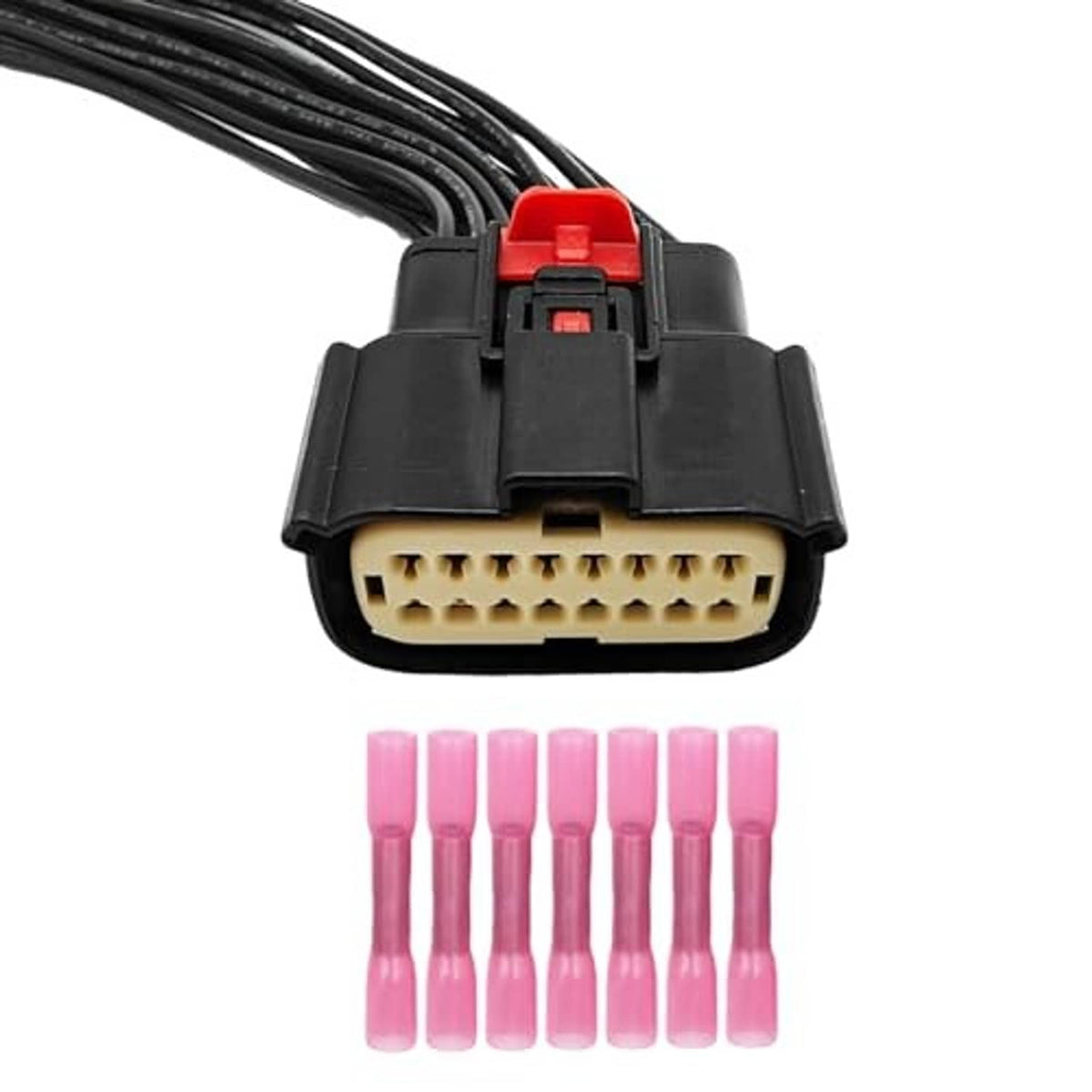 Headlight wiring connector pigtail harness, black connector with red lock and beige pin array