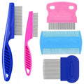 Pet flea comb set with stainless-steel teeth and blue and pink plastic handles