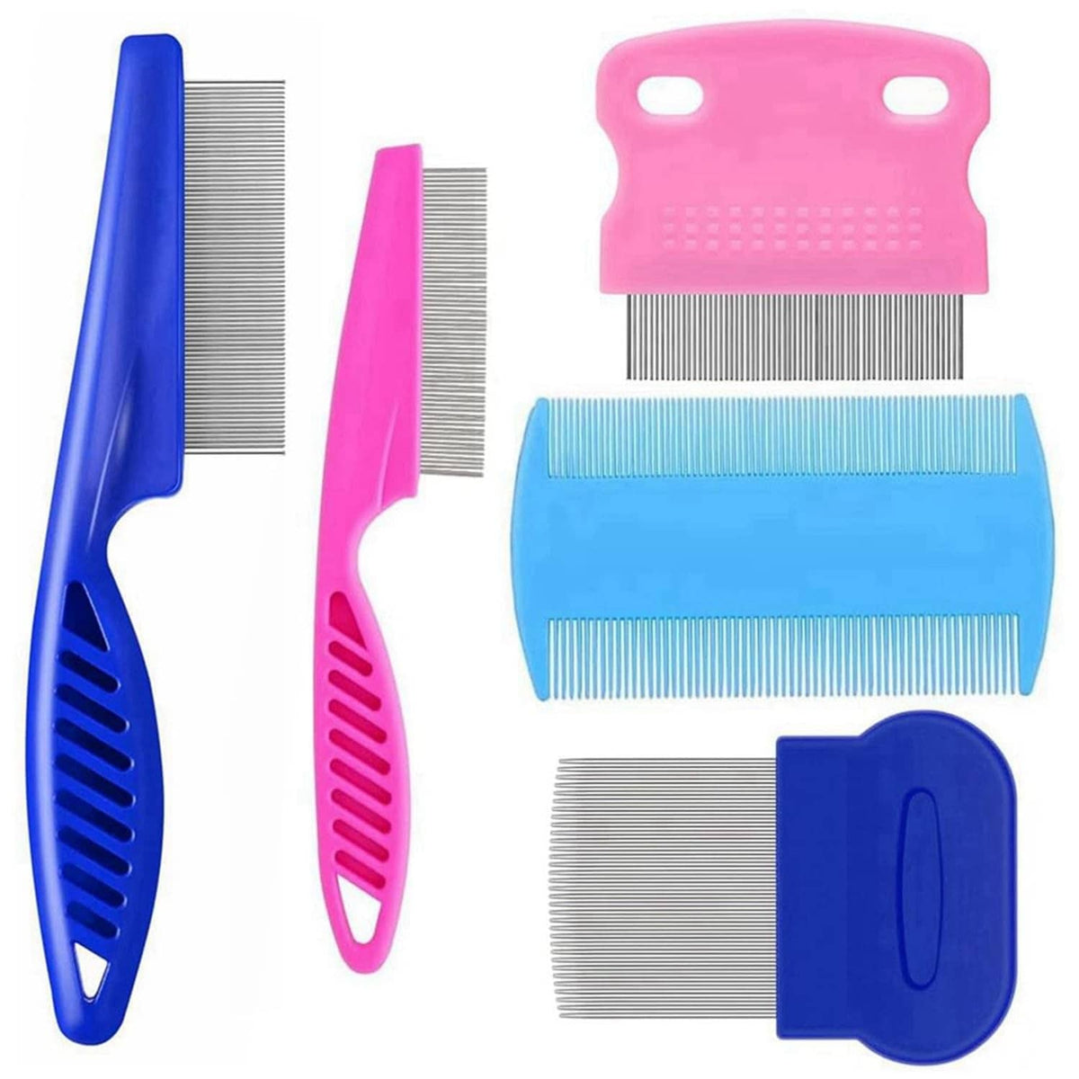 Pet flea comb set with stainless-steel teeth and blue and pink plastic handles