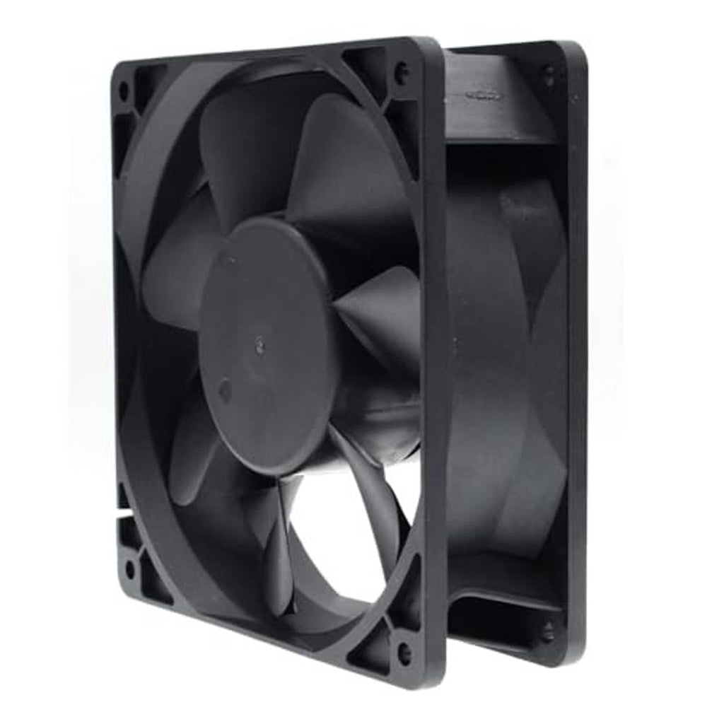 Black 120mm EC cooling fan showing thick side shroud and blade hub