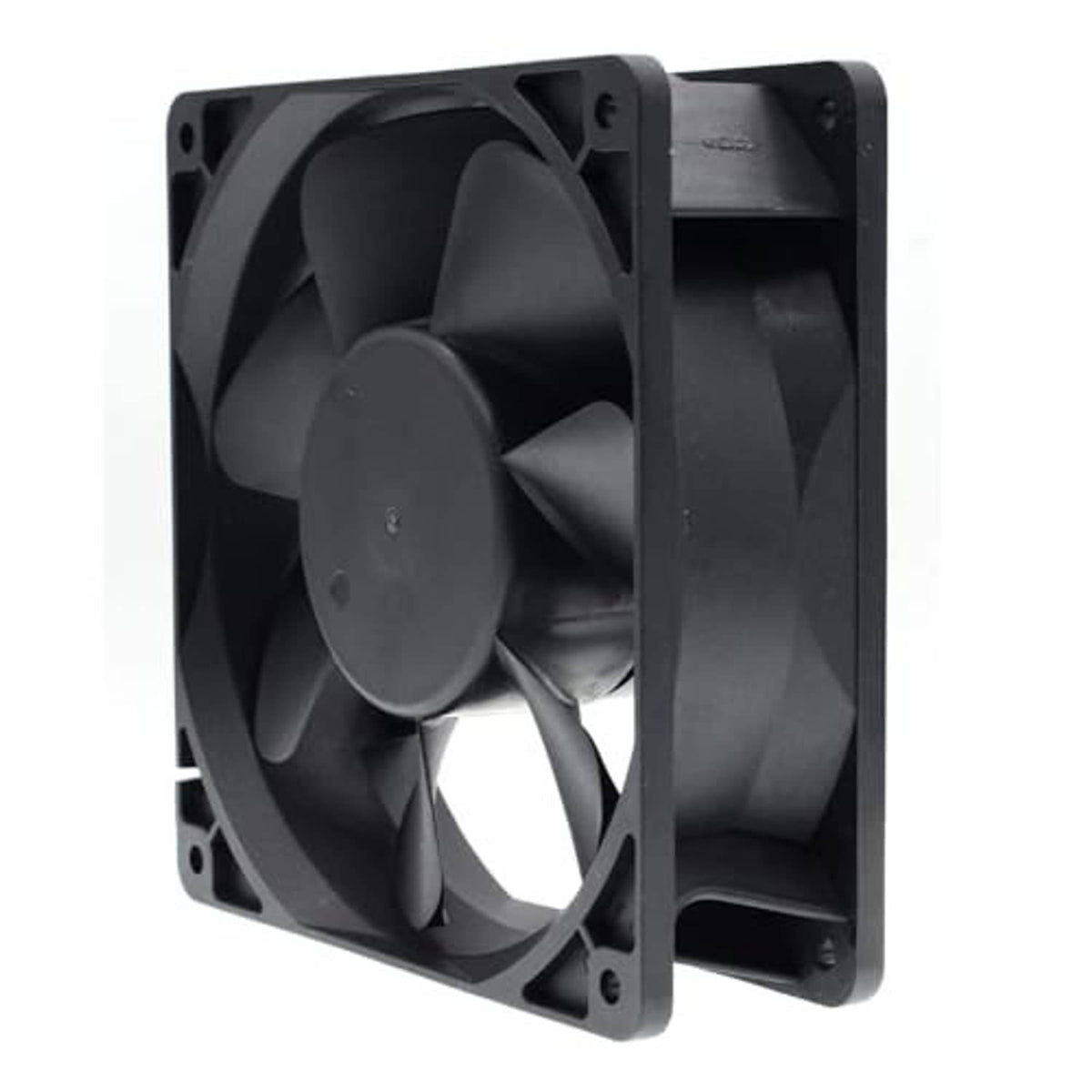 Black 120mm EC cooling fan showing thick side shroud and blade hub