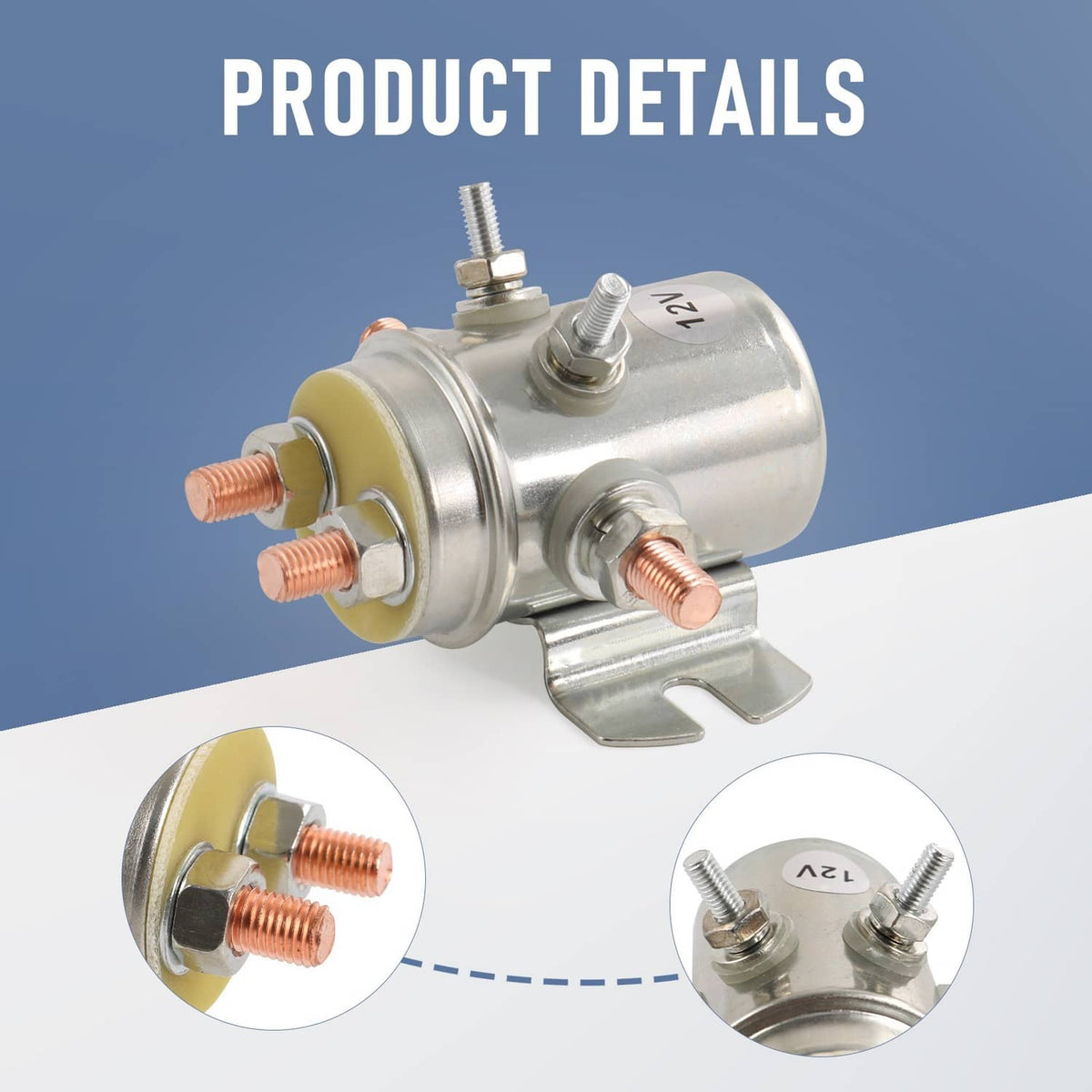 Close-up 12V solenoid relay with copper terminals, silver housing, and mounting foot