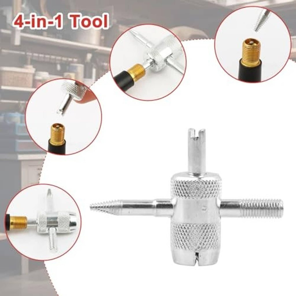 Metal 4-in-1 tire valve tool with threaded fittings and interchangeable end pieces