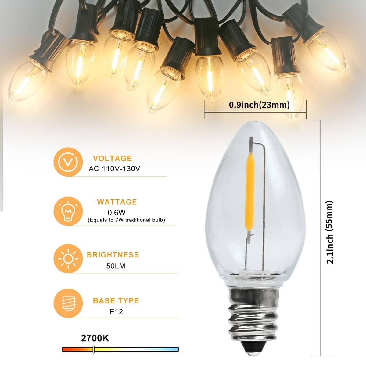 Clear glass LED candle bulb with E12 base, warm glow filament, and white bulb cap