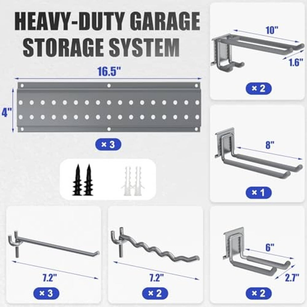 Gray heavy-duty wall storage system with metal rail and included mounting hardware