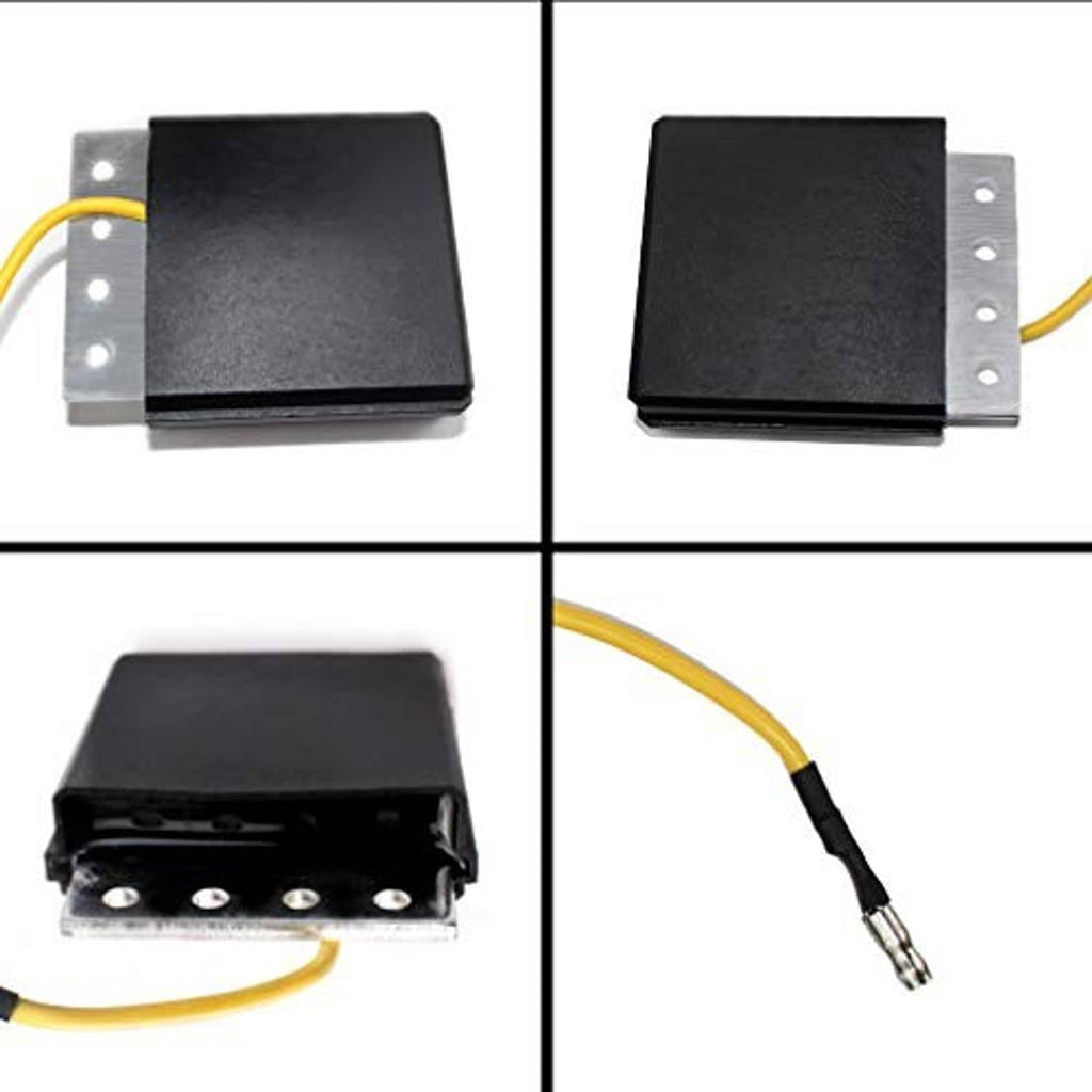 Black voltage regulator rectifier with aluminum mounting plate and yellow wire, multi-angle view
