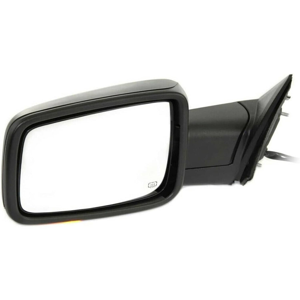 Left heated power-fold side mirror with black frame and clear lens, exterior view