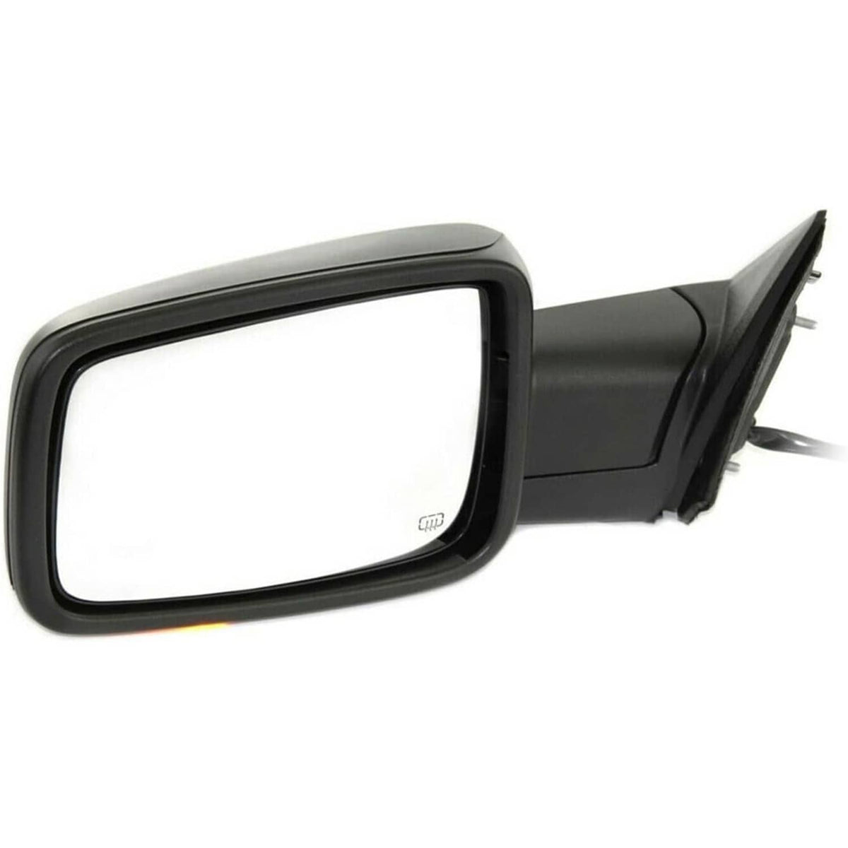 Left heated power-fold side mirror with black frame and clear lens, exterior view
