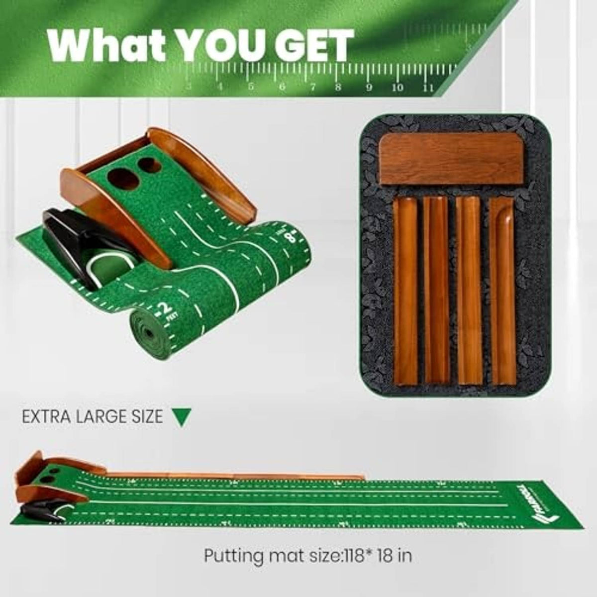 Golf putting mat kit with wooden rails, green felt, putting cup area, and guide lines