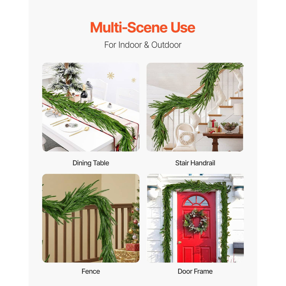 Artificial green pine garland strands for decorating railings and door frames