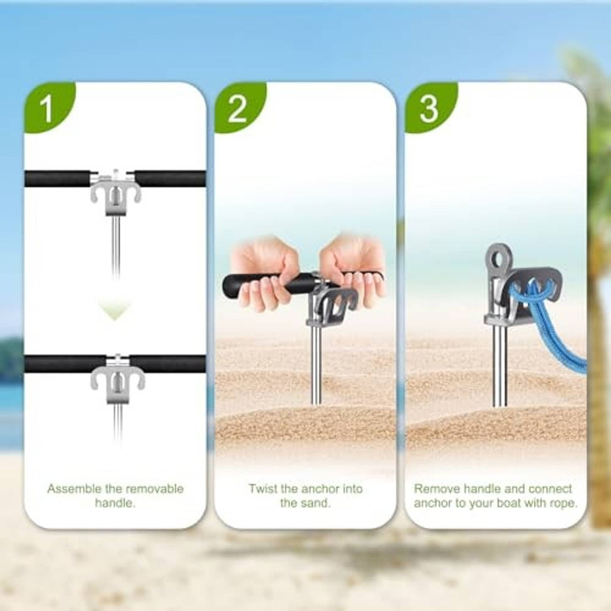 Sand anchor installation steps: assemble handle, twist into sand, then remove