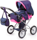 Navy and pink doll 2-in-1 stroller with heart print canopy and foldable frame