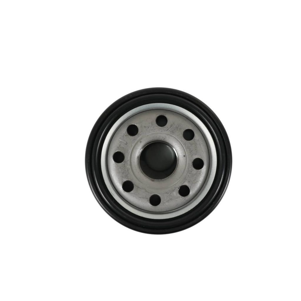 Hydraulic oil filter front view with steel base, bolt holes, and center opening