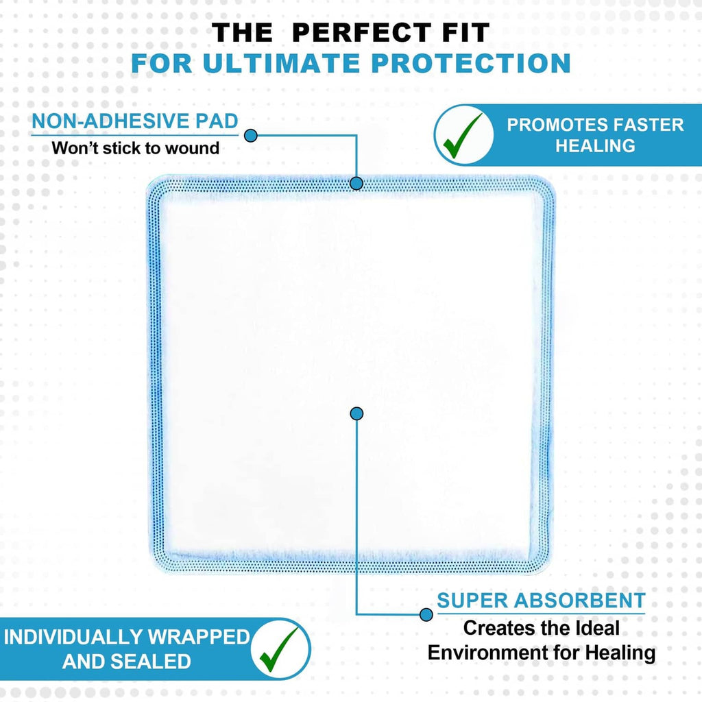 Individually wrapped non-adhesive dressing pad, square white center with blue border