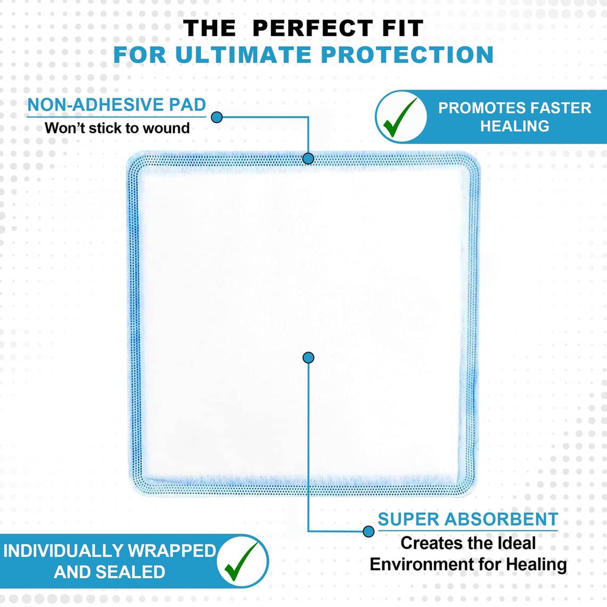 Individually wrapped non-adhesive dressing pad, square white center with blue border