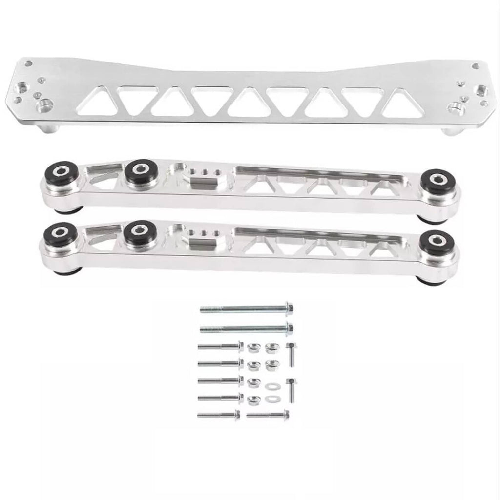 Two silver tie bars with bushing ends and included bolts, washers, and mounting hardware