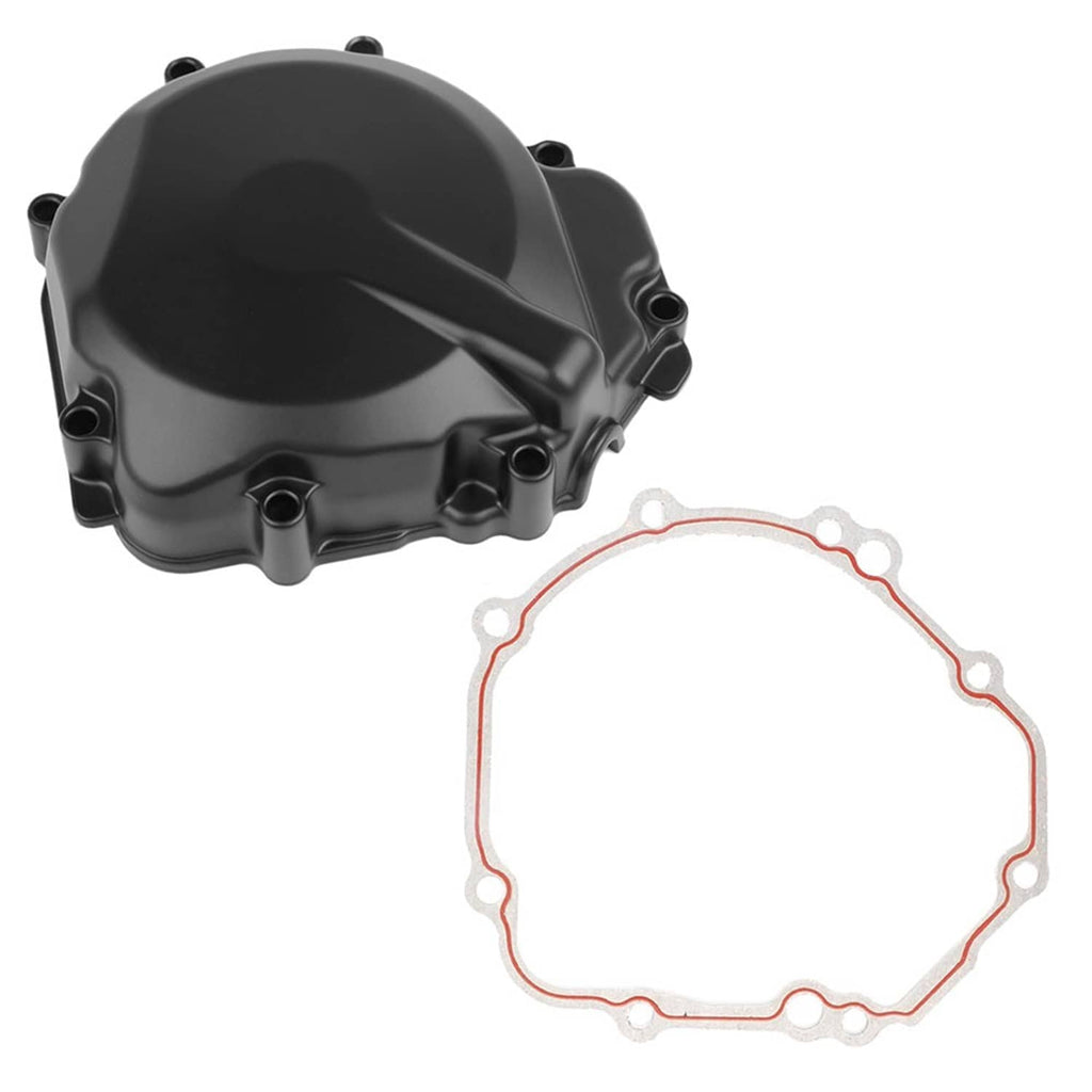 Left engine stator cover crankcase with black cover and round red-edged gasket