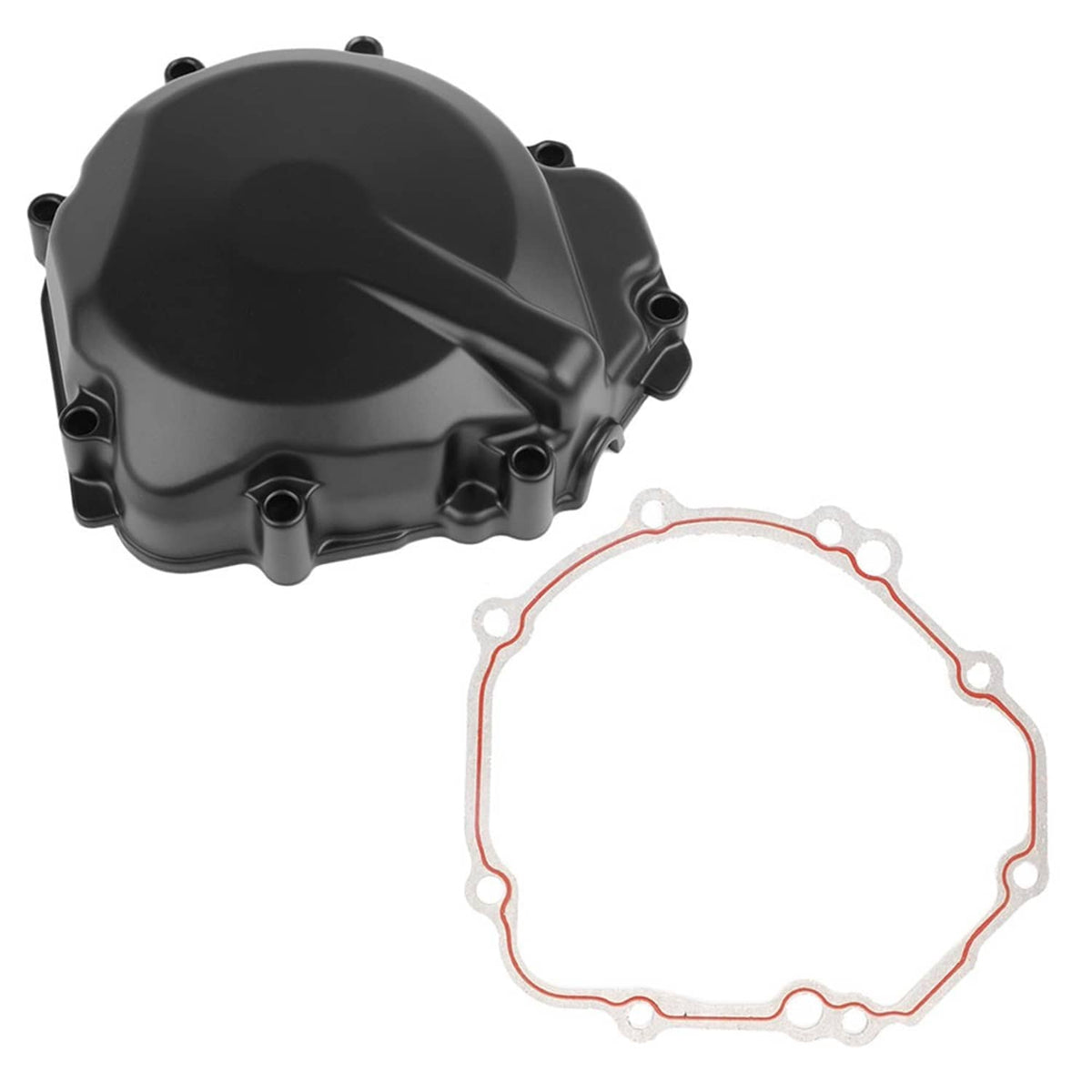 Left engine stator cover crankcase with black cover and round red-edged gasket