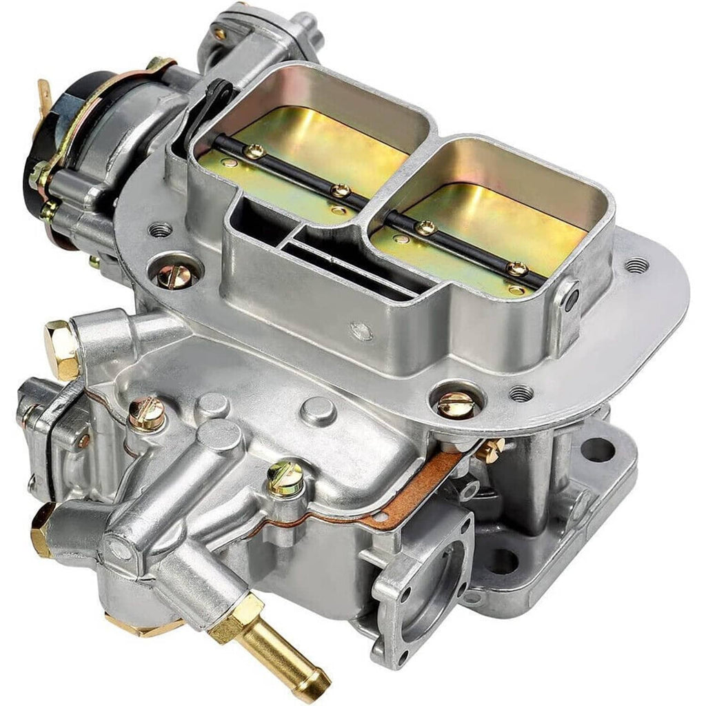 Carburetor assembly with dual throttle bores, metal housing, fuel inlet ports