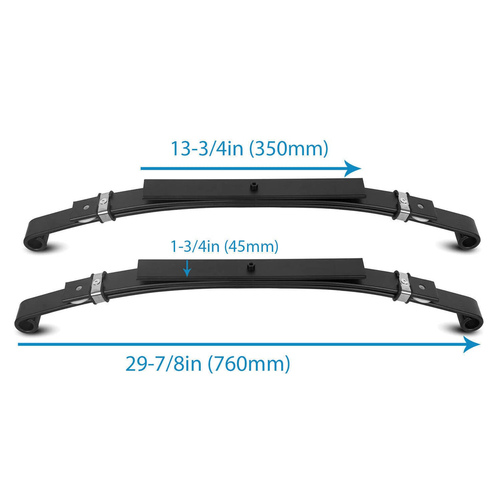 Black rear leaf spring lift brackets with mounting tabs, shown with size callouts