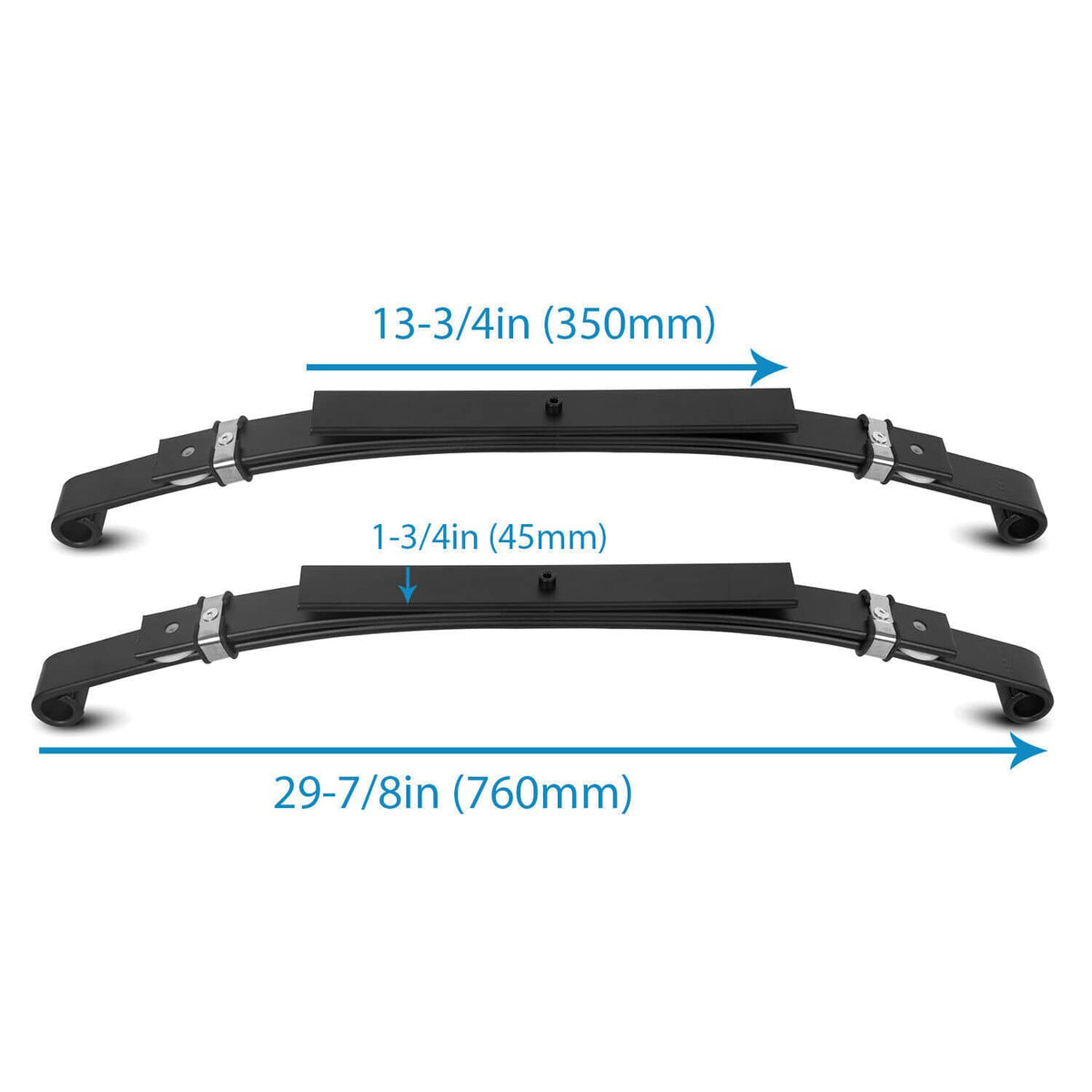 Black rear leaf spring lift brackets with mounting tabs, shown with size callouts