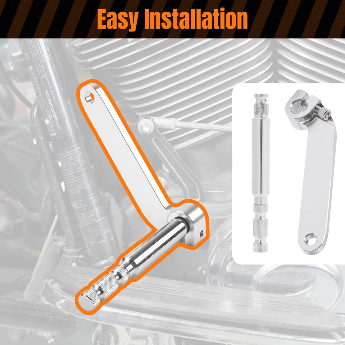 Chrome shifter arm and shaft rod with bracket and installation illustration