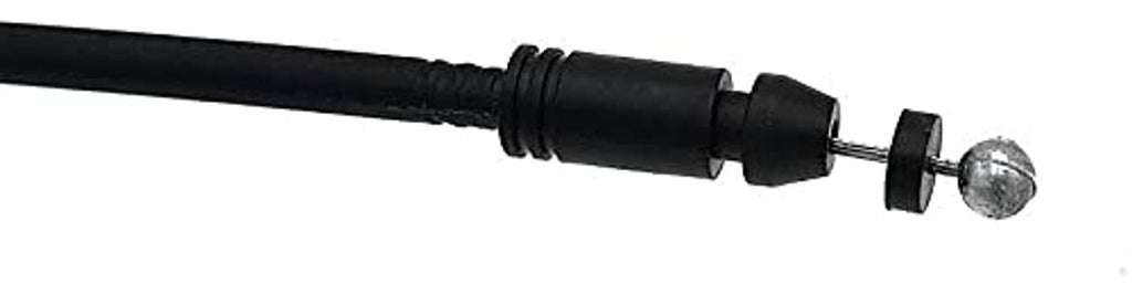Hood release cable end: black ribbed section with black grommet and metal ball