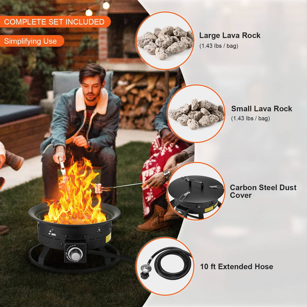 Black propane fire pit with lava rocks included, extended hose, and dust cover