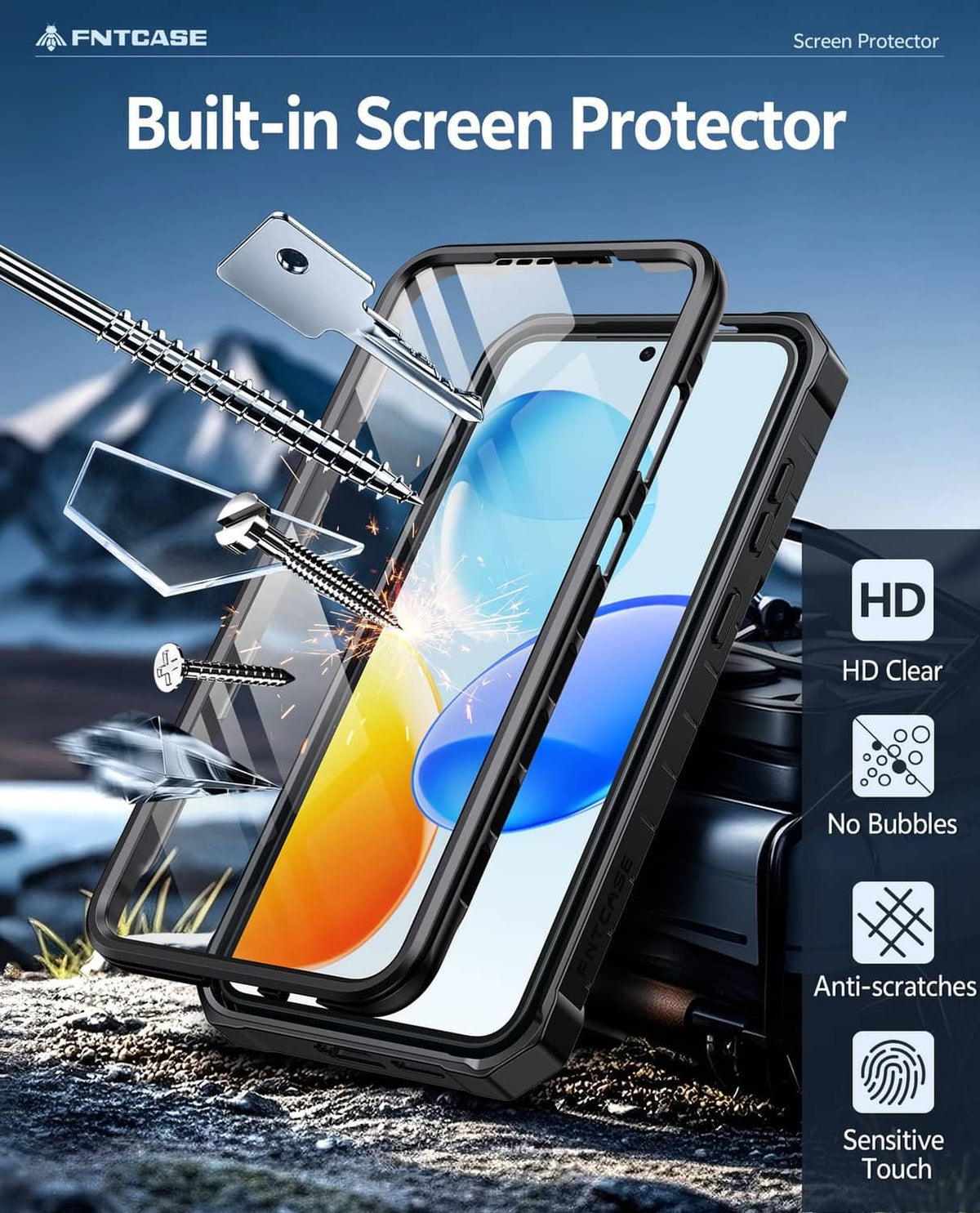 Black Galaxy S25+ phone case with built-in screen protector and clear cover