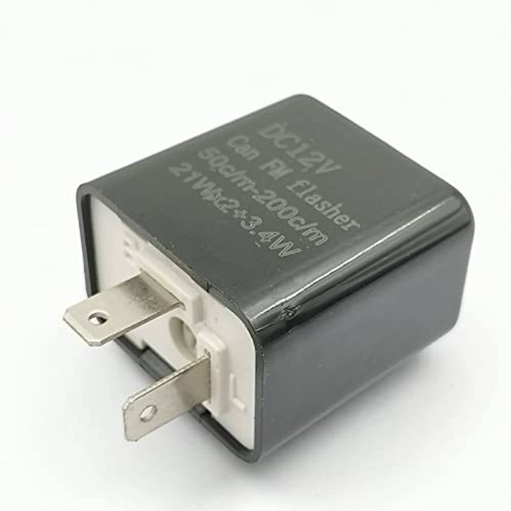 DC12V flasher relay module with dark gray case and two spade metal connectors