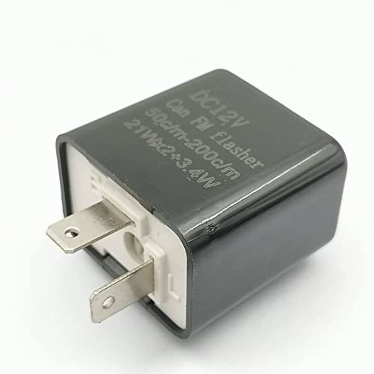 DC12V flasher relay module with dark gray case and two spade metal connectors