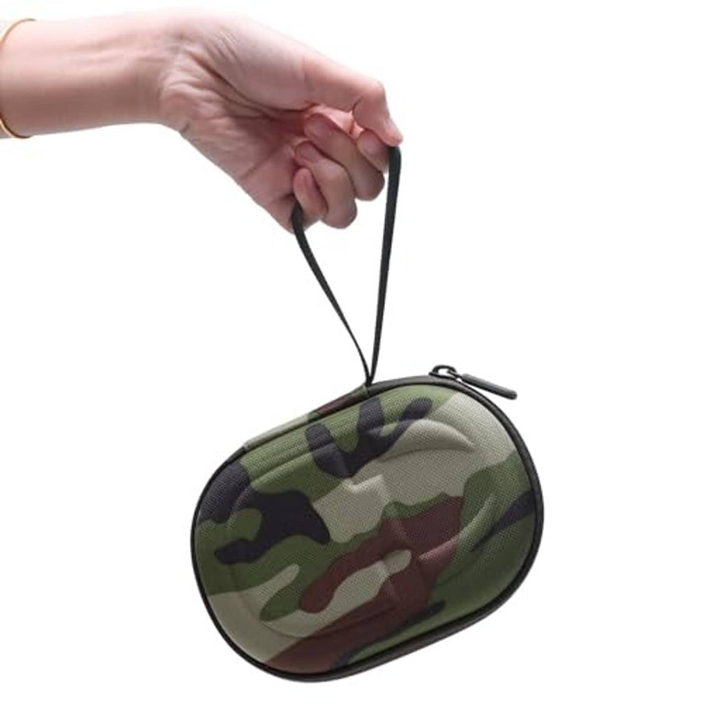 Camo speaker case being held by its wrist strap, compact zipper design