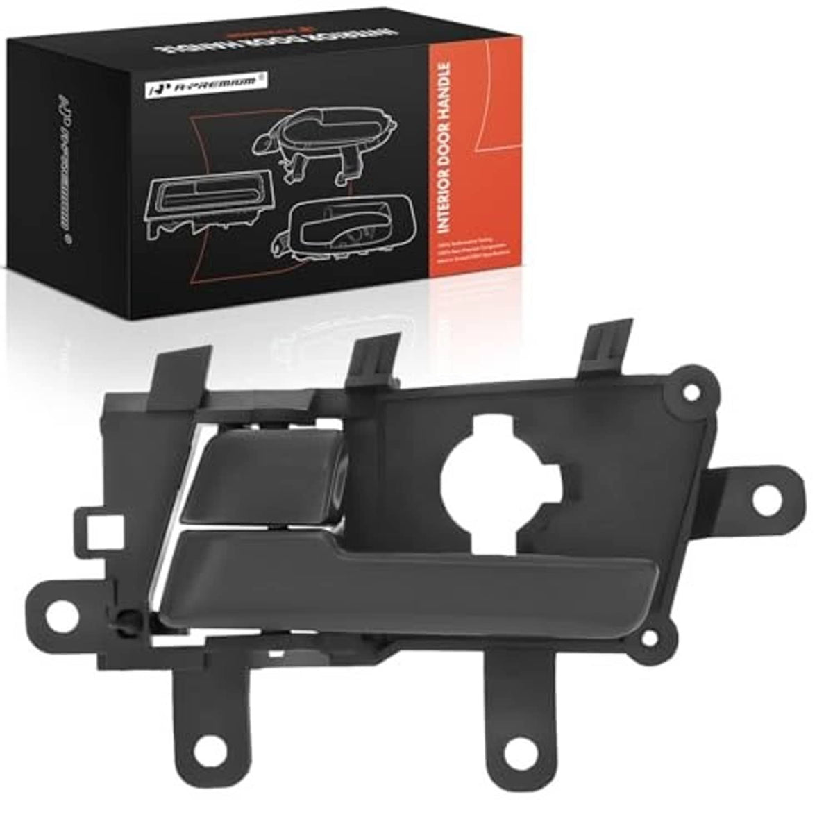 Textured black rear left interior door handle with mounting tabs and hole