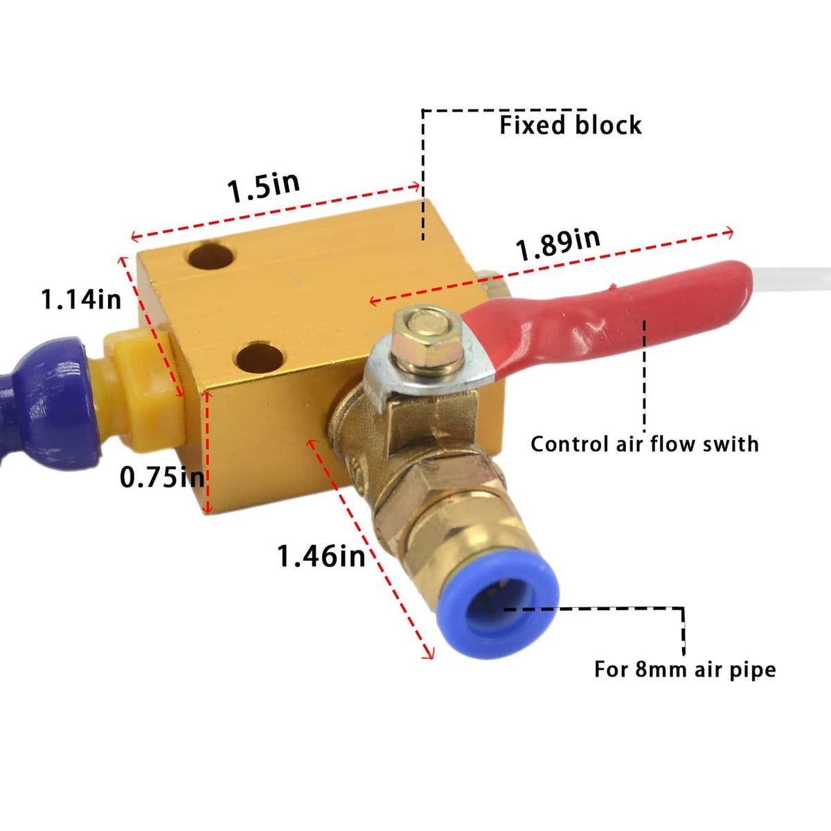 CNC mist coolant air control valve with red lever and 8mm pipe fitting