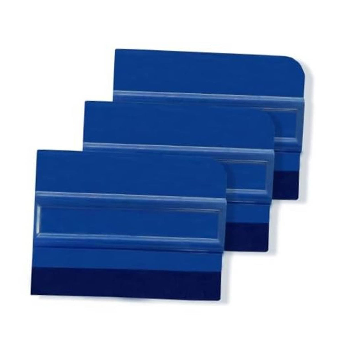 Three blue rectangular felt squeegees with ribbed middle, vinyl wrap tools