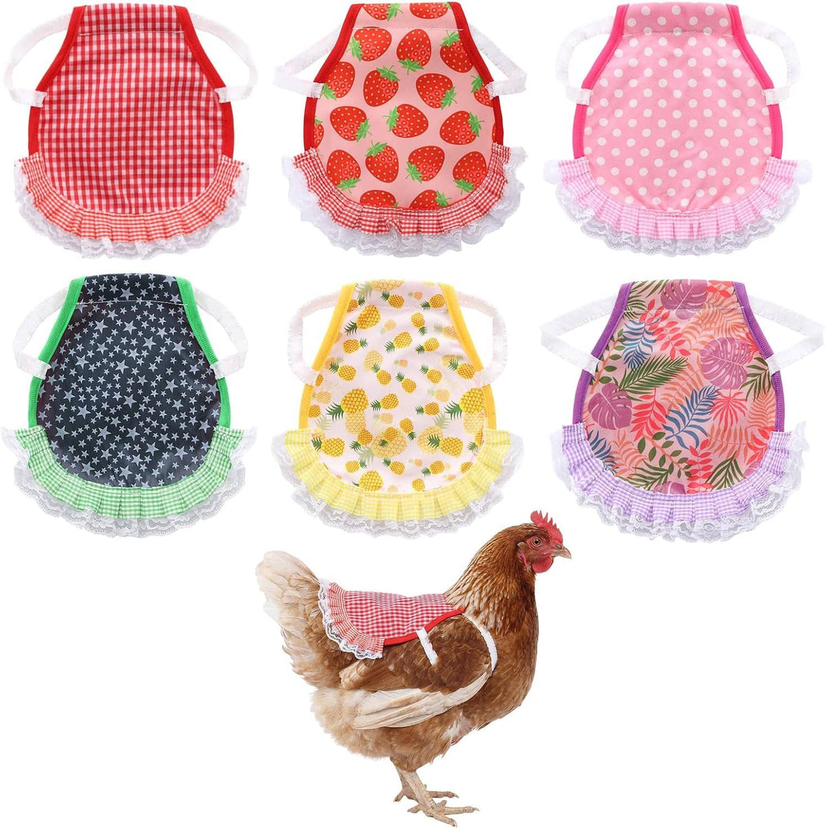 Assorted printed chicken saddle aprons with white ruffle trim; polka dot, star, fruit, and floral looks